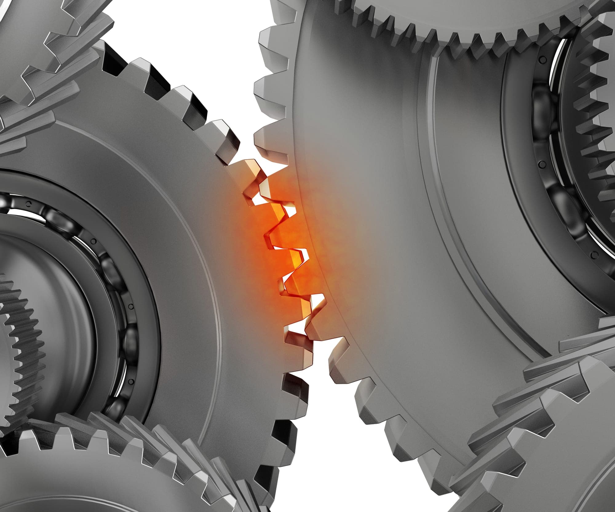 Meshing gears with an overheated, glowing contact point
